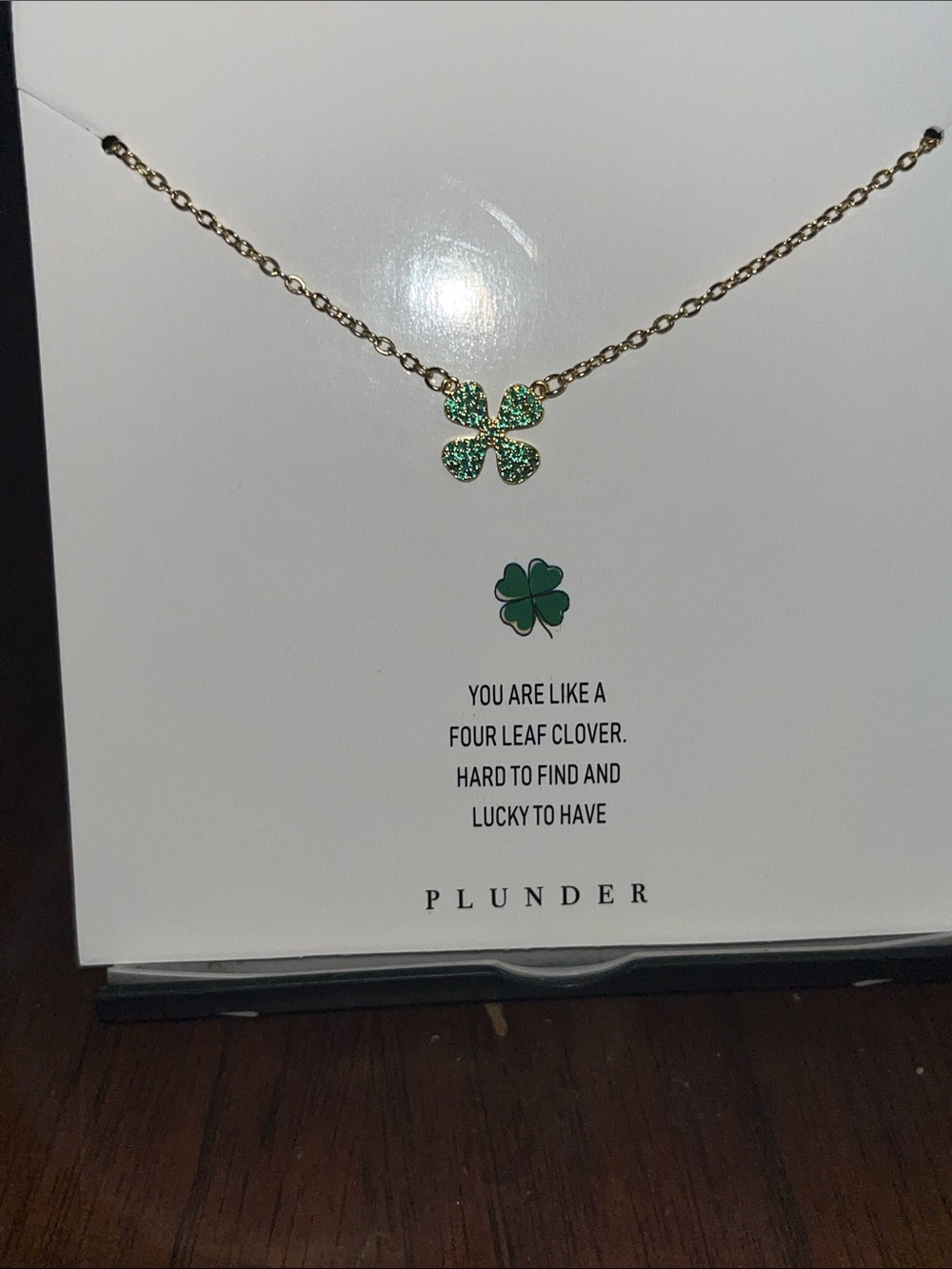 Plunder Gold-Tone Necklace with Green Crystal Four-Leaf Clover Pendant NWOT
